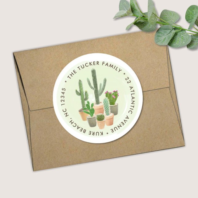 Sticker Rond Aquarelle Cactus Succulents Pots Adresse de retour (Créateur téléchargé)