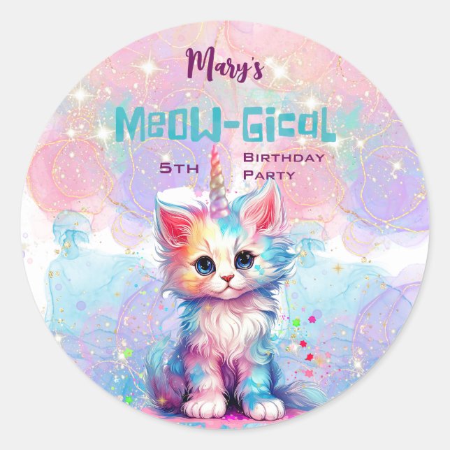 Sticker Rond Aquarelle Caticorn Meow-Gical Anniversaire (Devant)