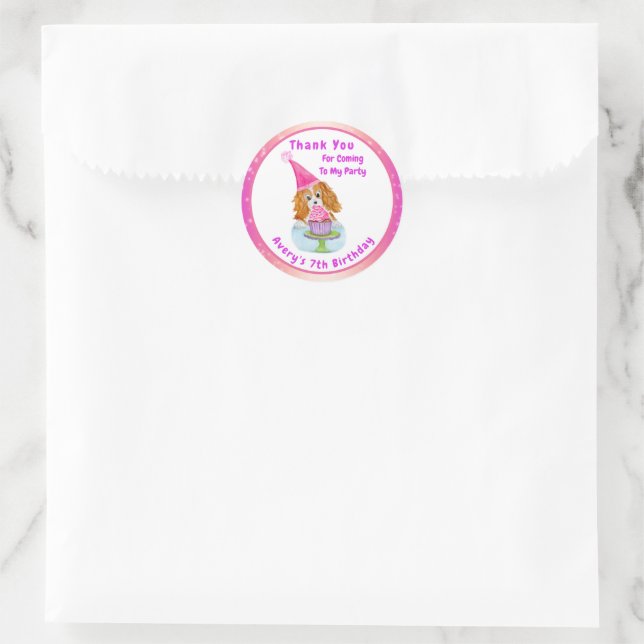 Sticker Rond Aquarelle Cavalier King Charles Cupcake Anniversai (Sac)