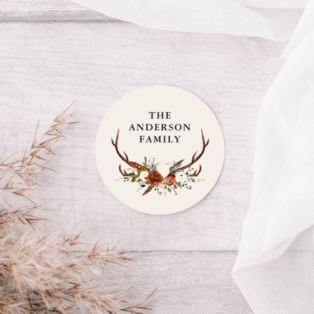 Sticker Rond aquarelle cerf floral terracotta élégant moderne (Créateur téléchargé)