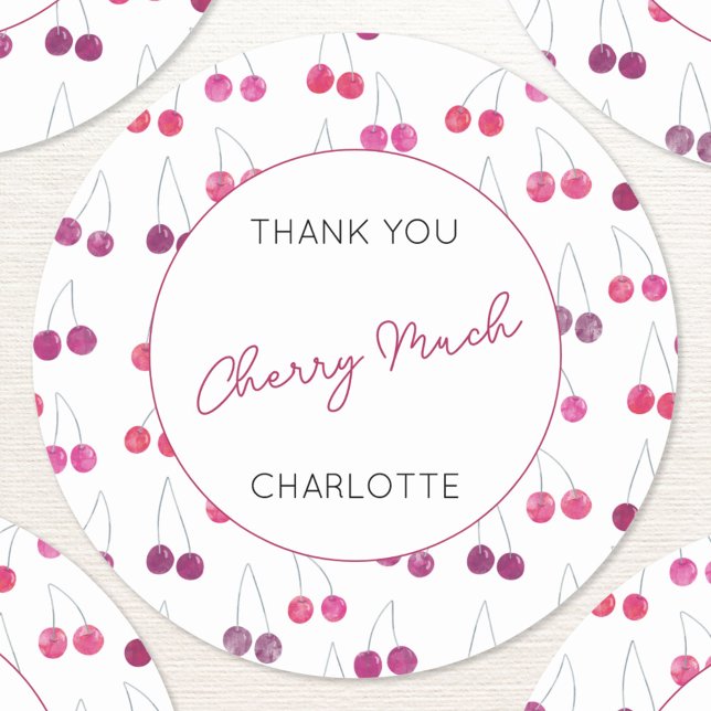 Sticker Rond Aquarelle cerise Merci personnalisé (Personalized custom text thank you cherry much watercolor cherries pattern sticker)