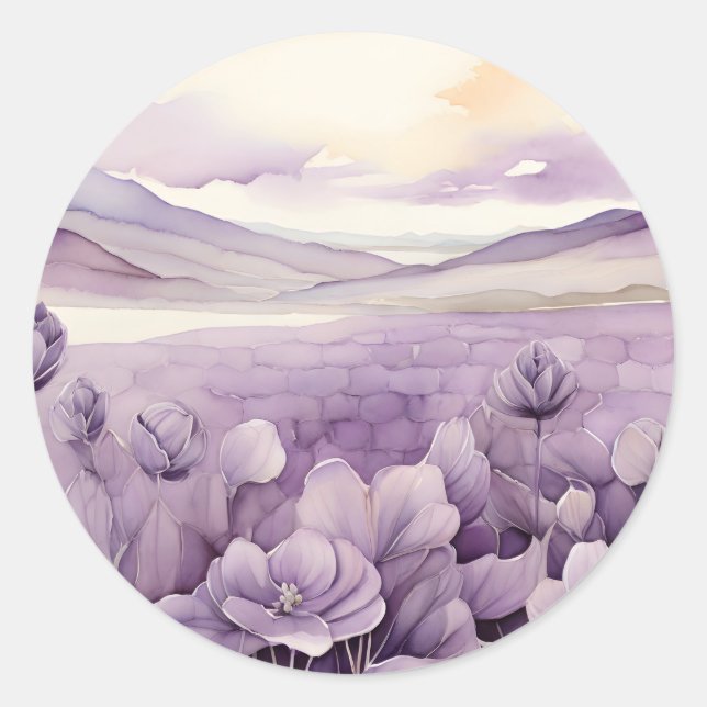 Sticker Rond Aquarelle Champ de fleurs violettes (Devant)