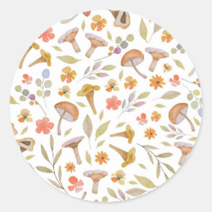 Sticker Rond Aquarelle Champignons et fleurs