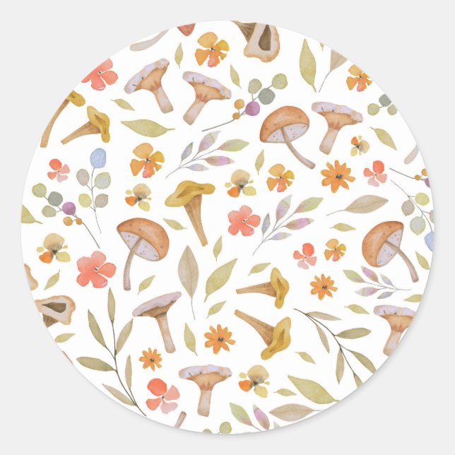 Sticker Rond Aquarelle Champignons et fleurs (Devant)