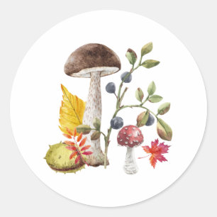 Sticker Rond Aquarelle Champignons sauvages, Feuilles d'Automne
