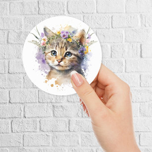 Sticker Rond Aquarelle Chat avec couronne de fleurs