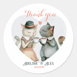 Sticker Rond Aquarelle Chat Couple Merci Mariage Faveur