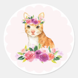Sticker Rond Aquarelle Chat orange et Fleurs violettes Chien
