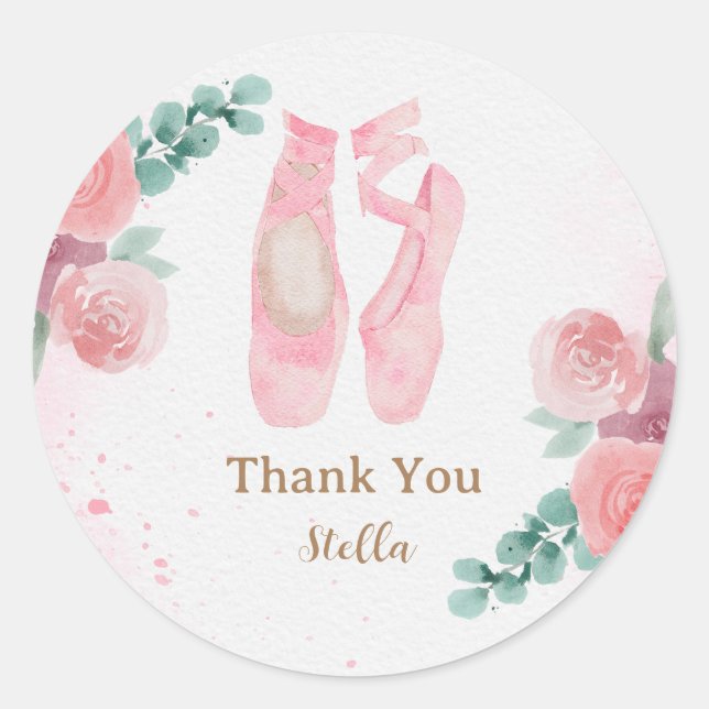 Sticker Rond Aquarelle Chaussures Ballerina Rose, Merci (Devant)