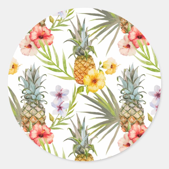 Sticker Rond Aquarelle Chic Fleurs tropicales Ananas Feuille (Devant)