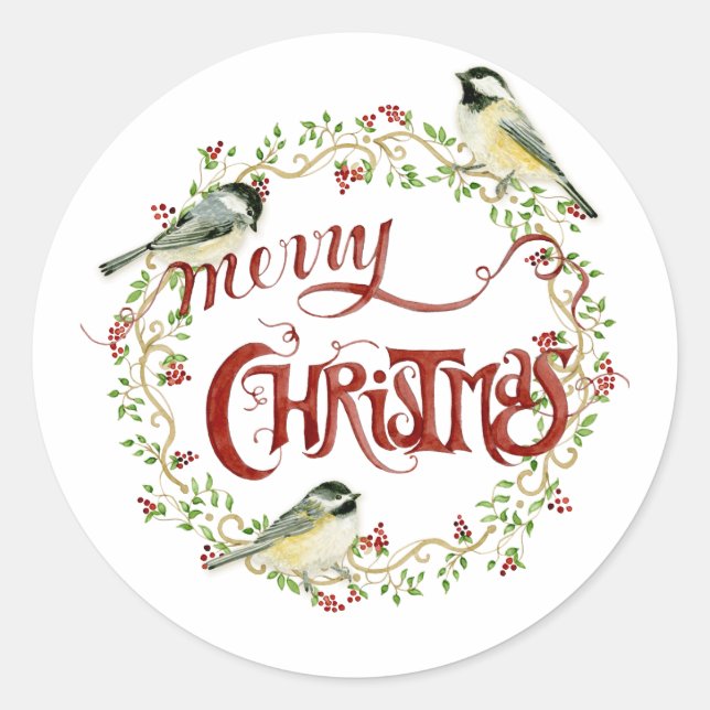 Sticker Rond Aquarelle Chickadee Birds Joyeux Noël Wreath (Devant)