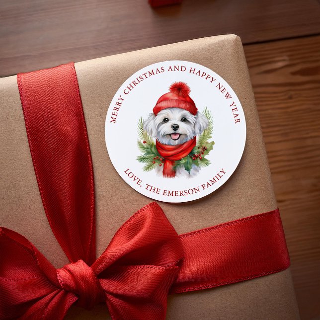Sticker Rond Aquarelle Chien maltais de Noël (Créateur téléchargé)