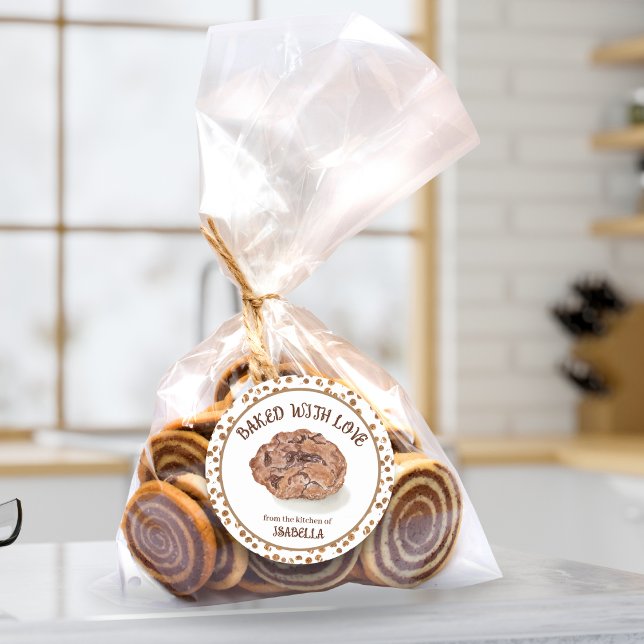 Sticker Rond Aquarelle Chocolat Chip Cookies cuits avec amour (Créateur téléchargé)
