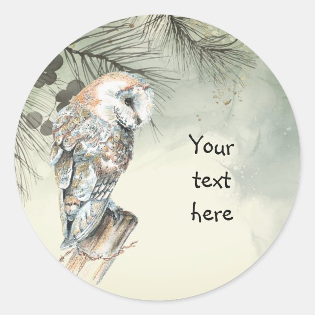 Sticker Rond Aquarelle Chouette Oiseau Art Votre texte (Devant)