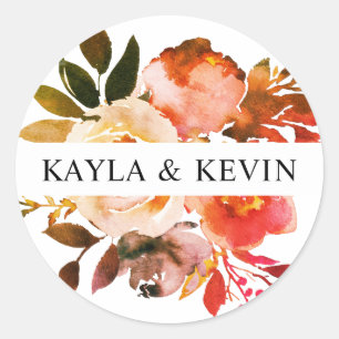 Sticker Rond Aquarelle Chute brûlé Orange Mariage Floral