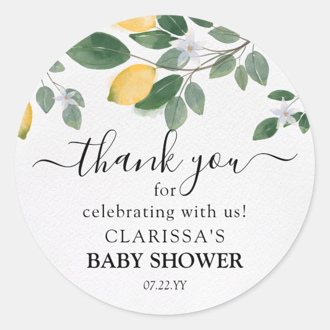 Sticker Rond Aquarelle Citron & Baby shower vert Merci (Devant)