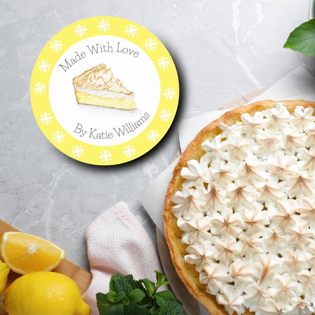 Sticker Rond Aquarelle Citron Meringue Tarte Fabriquée Avec Amo (Crafted with love: Add sweet charm to treats with watercolor stickers!)