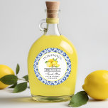 Sticker Rond Aquarelle Citrons Carrelage bleu Limoncello Merci<br><div class="desc">Élégants citrons d'aquarelle sur Carrelage bleu Stickers de Merci de Mariage de Limoncello fait maison</div>