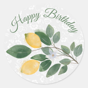 Sticker Rond Aquarelle Citrons siciliens Joyeux anniversaire