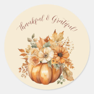 Sticker Rond Aquarelle Citrouille Floral-Thankful & Grateful