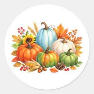 Sticker Rond Aquarelle Citrouilles et Feuilles d'Automne