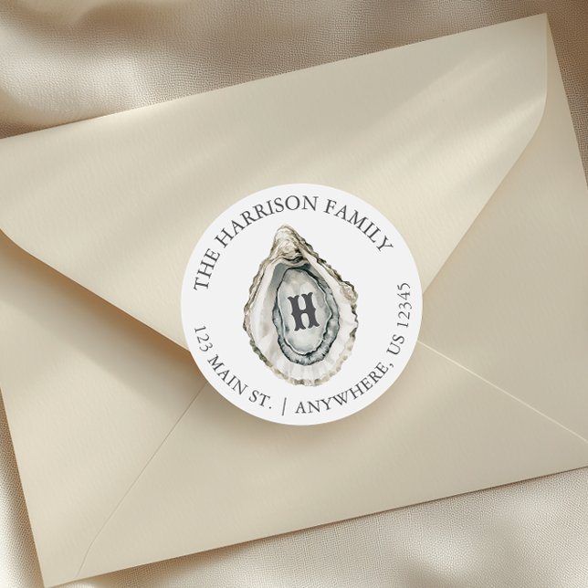 Sticker Rond Aquarelle Coastère Huître Monogramme Adresse (Créateur téléchargé)