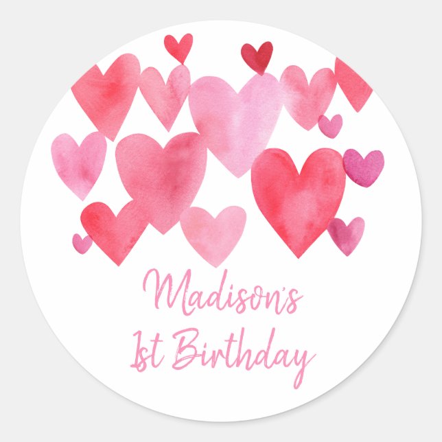 Sticker Rond Aquarelle Coeurs Anniversaire (Devant)
