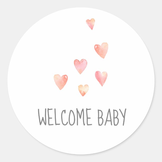 Sticker Rond Aquarelle Coeurs fille Baby shower de bienvenue St (Devant)