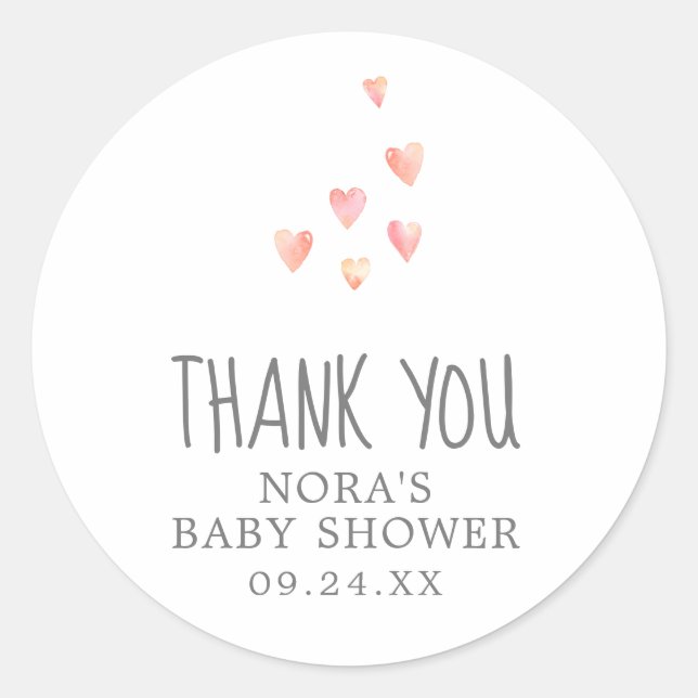 Sticker Rond Aquarelle Coeurs fille Baby shower Merci Favor (Devant)