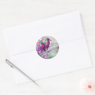 Sticker Rond Aquarelle Colibris aux fleurs de printemps roses