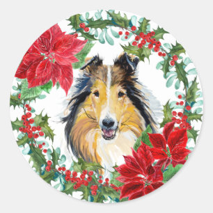 Sticker Rond Aquarelle Collie Chien Poinsettia Vacances Wreath