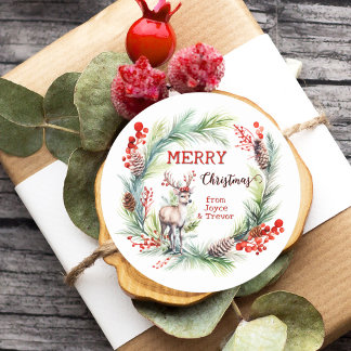 Sticker Rond Aquarelle colorée Cerf Wreath Noël