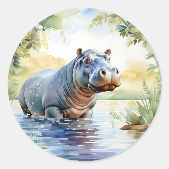 Sticker Rond Aquarelle colorée Hippopotame (Devant)
