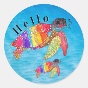 Sticker Rond Aquarelle colorée Tortue de mer