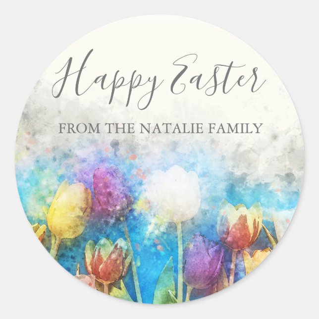 Sticker Rond Aquarelle Colorée Tulipes Florales Joyeux Pâques (Devant)