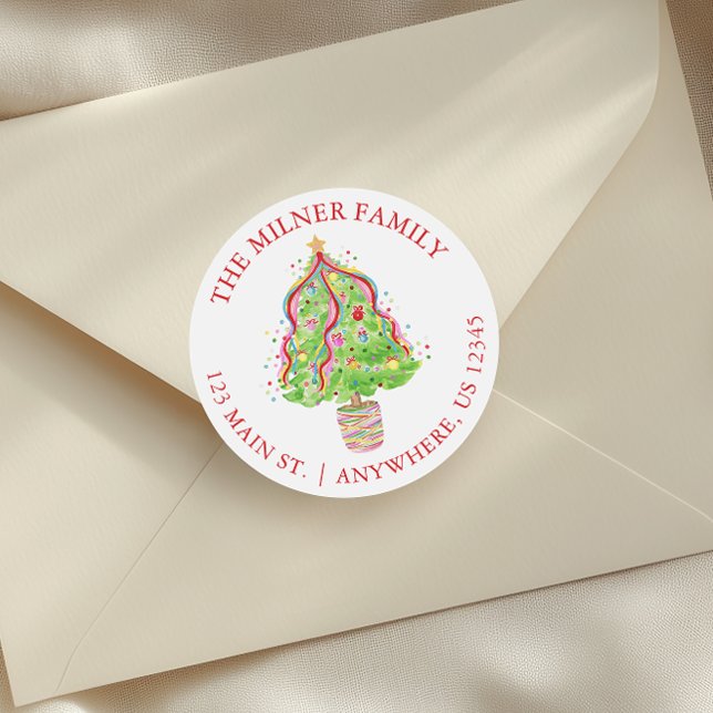 Sticker Rond Aquarelle Confetti Arbre de Noël Adresse de retour (Créateur téléchargé)