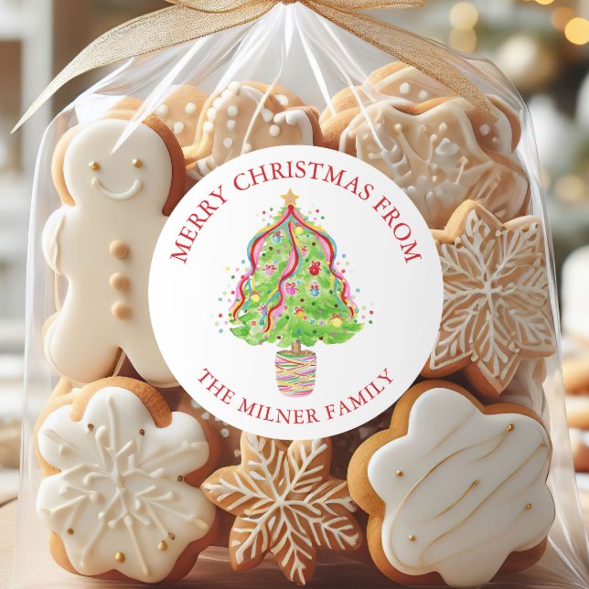 Sticker Rond Aquarelle Confetti Arbre de Noël Adresse de retour (Créateur téléchargé)