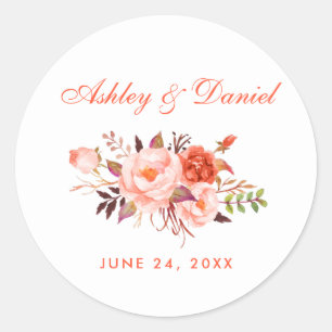 Sticker Rond Aquarelle Coral Floral Mariage