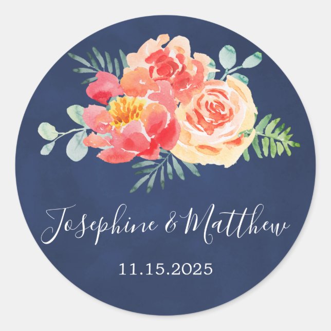 Sticker Rond Aquarelle Coral Floral Verdure Mariage de marine (Devant)