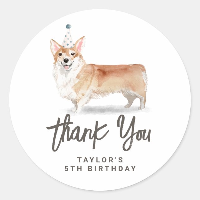 Sticker Rond Aquarelle Corgi Chien Merci d'anniversaire (Devant)