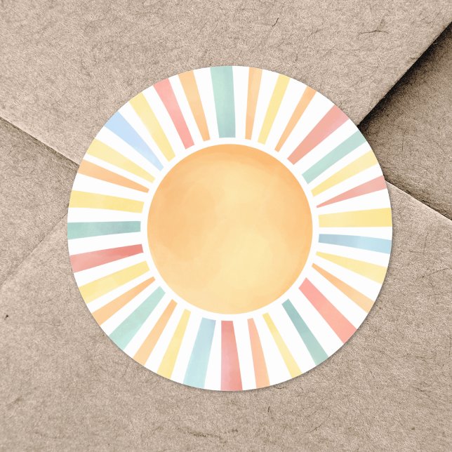 Sticker Rond Aquarelle couleur soleil (Sunshine Colorful Watercolor Sun Classic Round Sticker)