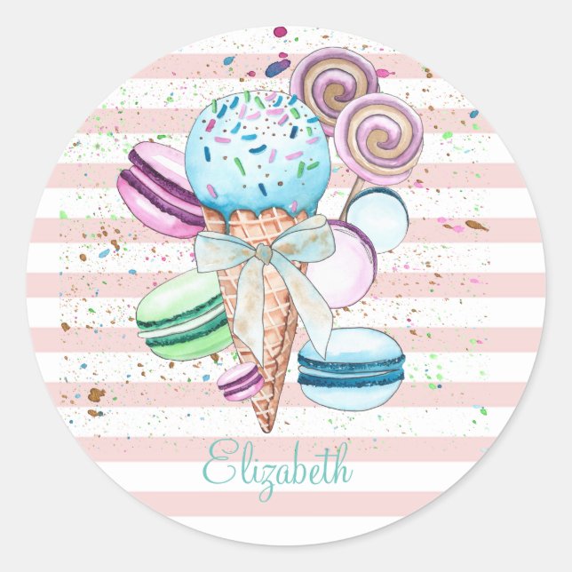 Sticker Rond Aquarelle Crème glacée, Macarons, Bandes roses (Devant)