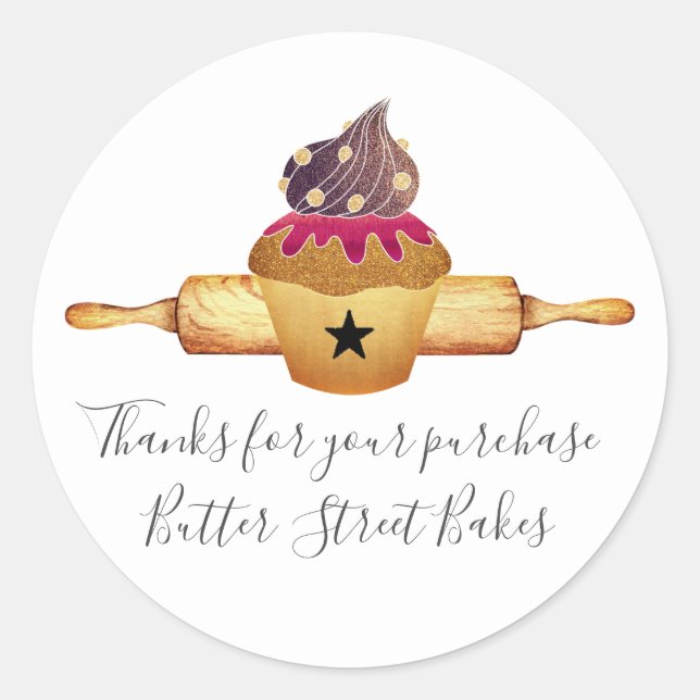 Sticker Rond Aquarelle Cupcake Rolling Pin Baker Merci (Devant)