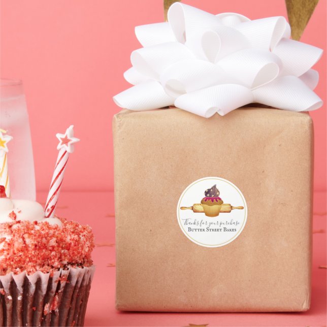 Sticker Rond Aquarelle Cupcake Rolling Pin Baker Merci Cl (Fête)