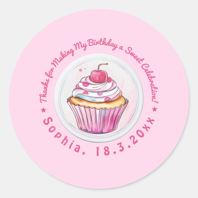 Sticker Rond Aquarelle Cupcake Sweet Merci d'anniversaire (Devant)