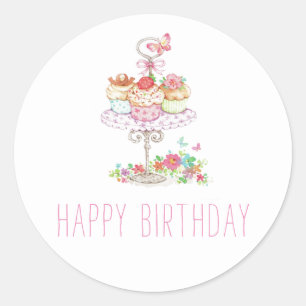 Sticker Rond Aquarelle Cupcakes Joyeux anniversaire