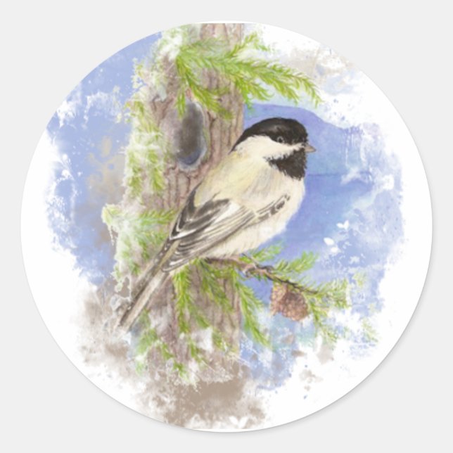 Sticker Rond Aquarelle Cute Chickadee Oiseau Nature Art (Devant)