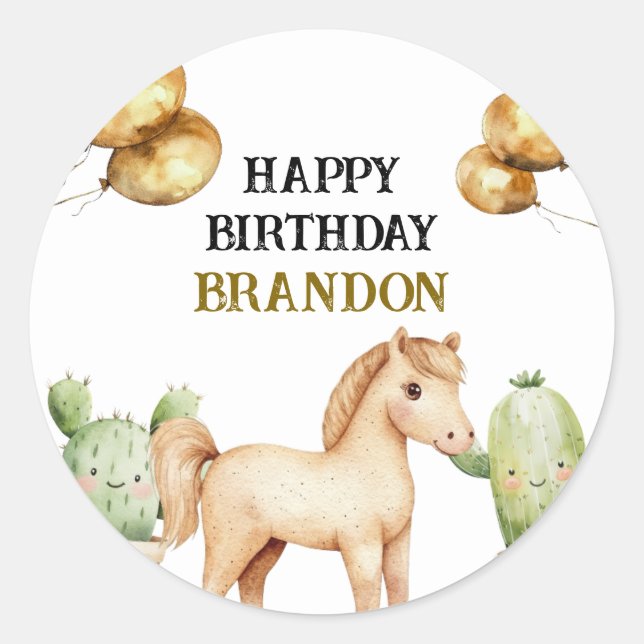 Sticker Rond Aquarelle Cute Cowboy 1er Rodéo Anniversaire (Devant)