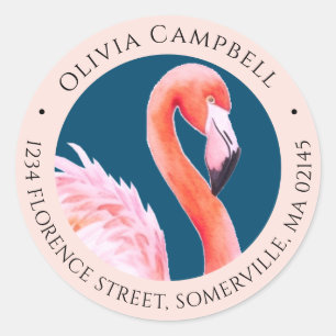 Sticker Rond Aquarelle Cute Flamant rose rose Bleu Adresse
