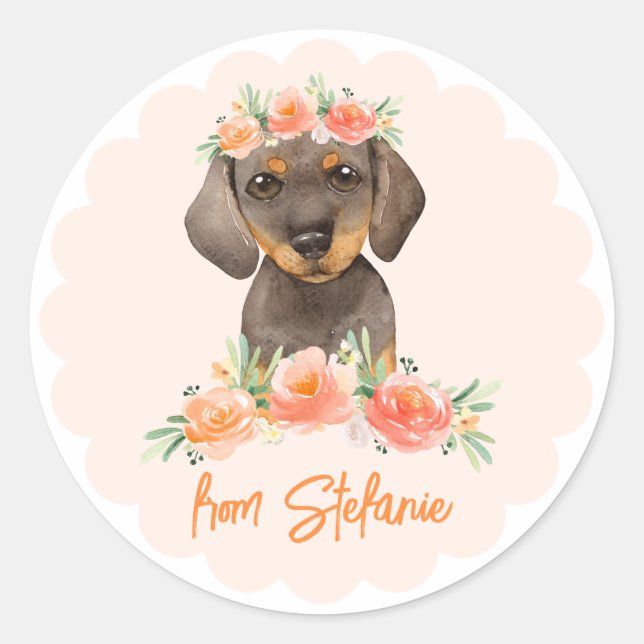 Sticker Rond Aquarelle Dachshund et Fleurs de Pêche Anniversair (Devant)